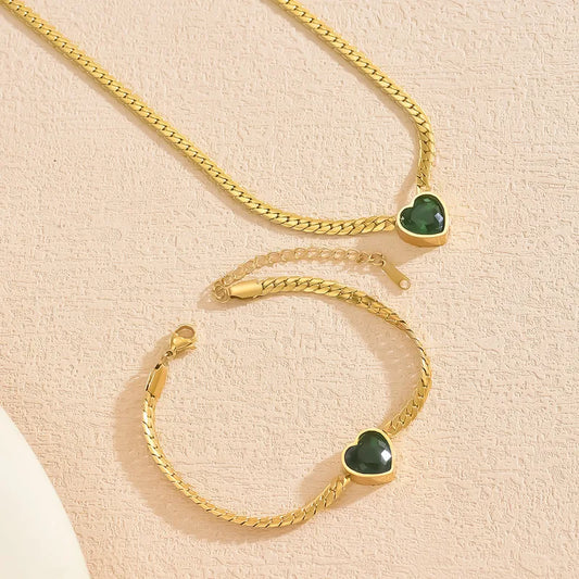 Heart Necklace Bracelet Set, 18K Gold Plated Stainless Steel (Waterproof Non-Tarnish)
