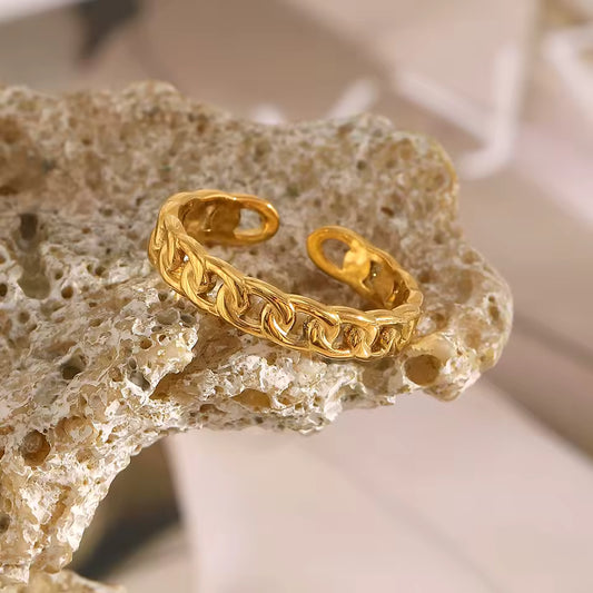 Chain Link Open Ring, Waterproof 18K Gold Plated Stainless Steel Cuban Band, Adjustable For Women