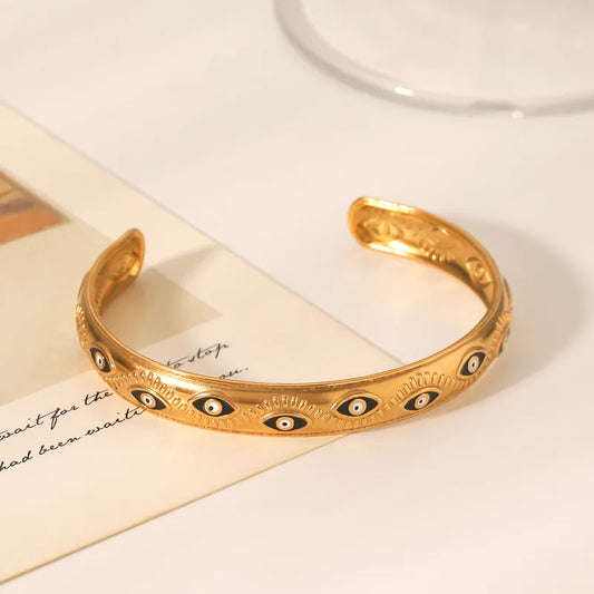 Evil Eye Enamel Cuff Bangle, 18K PVD Gold Plated Stainless Steel Bracelet, Waterproof Non Tarnish Open Bangle