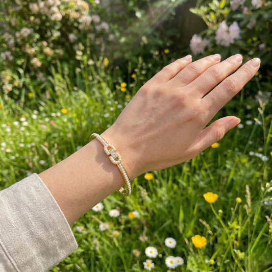 Gold Plated Pearl Bangle Bracelet, Geometric Buckle Cuff with Rhinestones