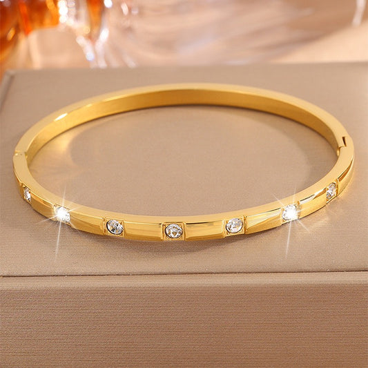 Gold Rhinestone Slim Stackable Bangle Bracelet, 18K PVD 304 Stainless Steel, Waterproof Non-Tarnish