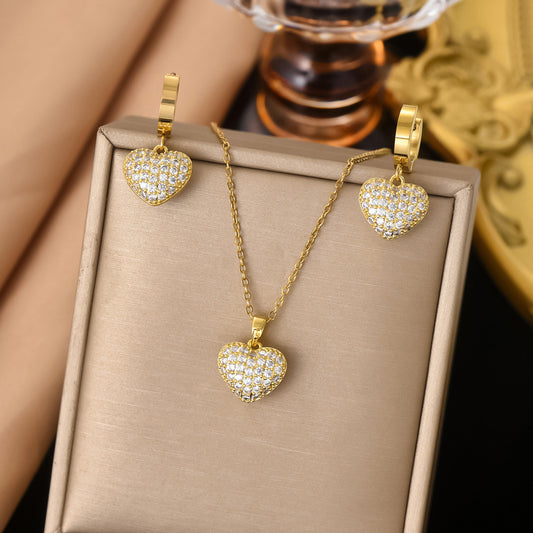 Gold-Tone Stainless Steel Heart Pendant Necklace and Huggie Earrings Set, Zirconia Pavé Charm