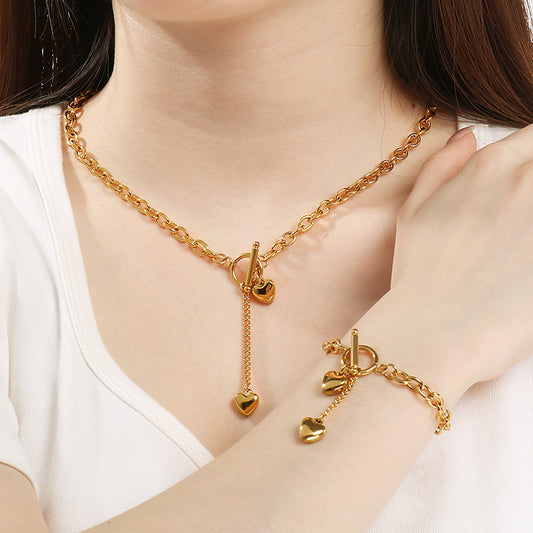 Gold Plated Stainless Steel Heart Toggle Necklace Bracelet Set