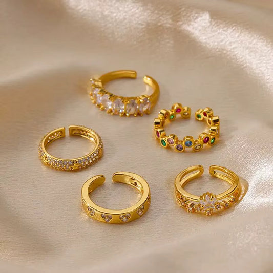 Adjustable Ring For Women, 18K Gold Plated Waterproof Stainless Steel Geometric Ring, Resizable Zircon Ring