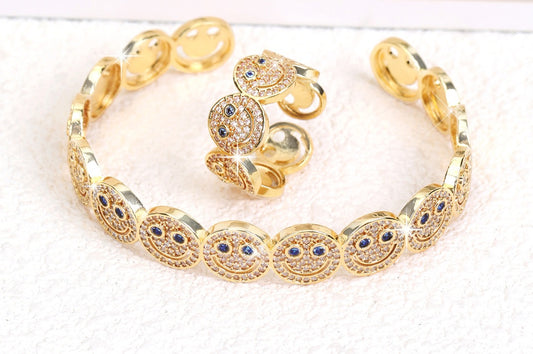 18K Gold Plated Zircon Smiley Face Cuff Bracelet & Ring – Waterproof Stainless Steel Fashionable Bangle