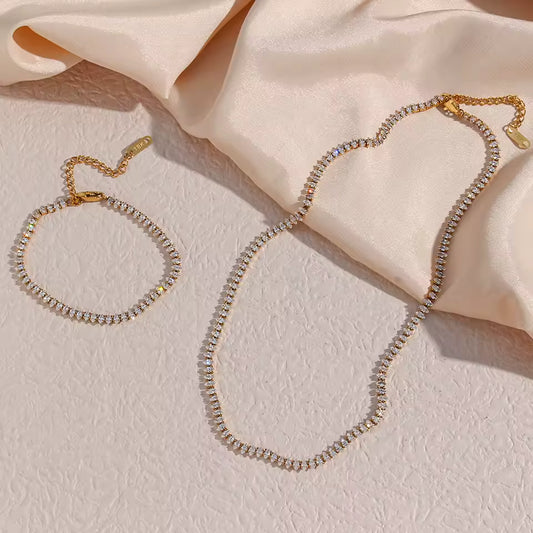 316L Stainless Steel 18K PVD Gold AAA Tennis Necklace & Bracelet Set, Waterproof Non Tarnish Hypoallergenic Women's Luxury Jewelry Set